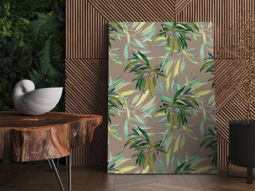 Watercolor seamless pattern with willow leaves. Beautiful art print. Fabric texture background. 