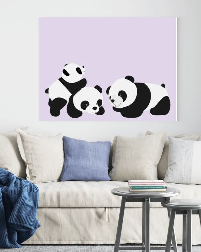 Panda cub is climbing on the mother back and father back isolated on soft purple background.