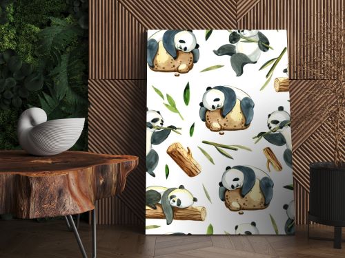 Watercolor seamless pattern of different panda and leaves