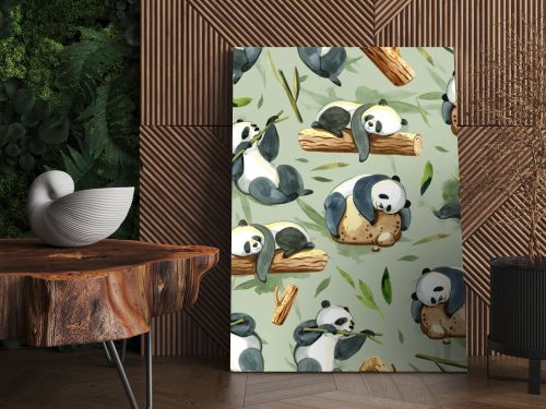Watercolor seamless pattern of different panda and leaves