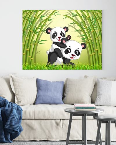 two cute panda in a bamboo forest