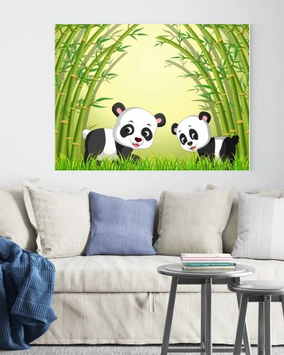 two cute panda in a bamboo forest