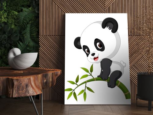 Cute funny baby panda hanging on the bamboo