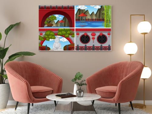 Four scenes of chinese temple with red walls