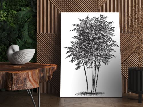 A bambusa arundinacea growing straight and long, they have more branch and stem. Branches spread out from base, blunt leaves are grown on the branches, vintage line drawing or engraving illustration.