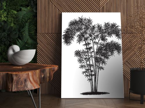 A picture of shrub of bambusa nana, tree looks tall. Branches are thick and have small leaves, vintage line drawing or engraving illustration.