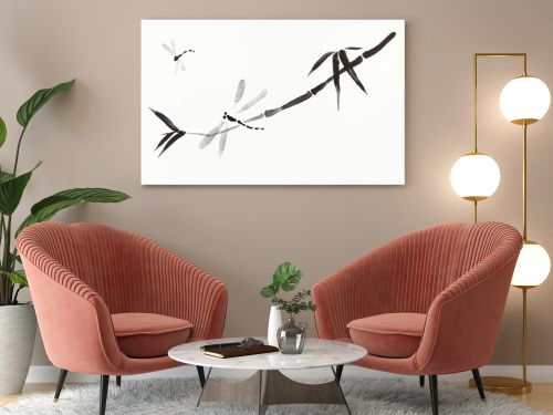 training drawing in sumi-e (suibokuga) style with watercolor paints - dragonflies and reed are hand drawn on creamy paper