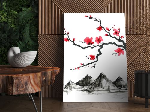 Mountains in Japanese style. Watercolor hand painting illustration