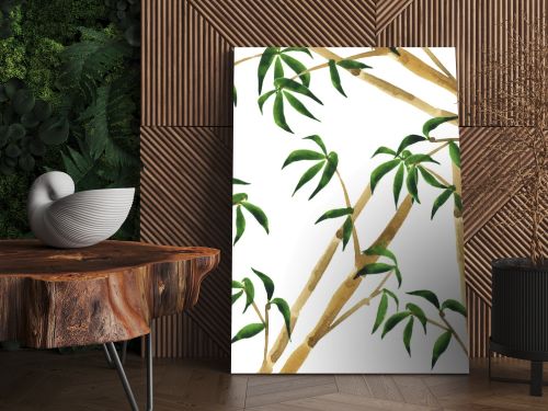 Bamboo tree and leaves background. Hand drawn watercolor illustration. 