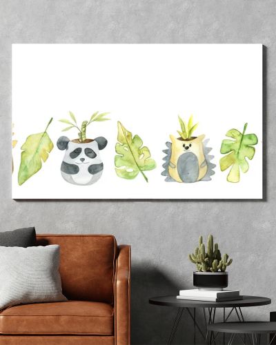 Watercolor border with cute pots. Cute illustrations of animals. Perfect for office, design and decor of children's rooms, products for children.