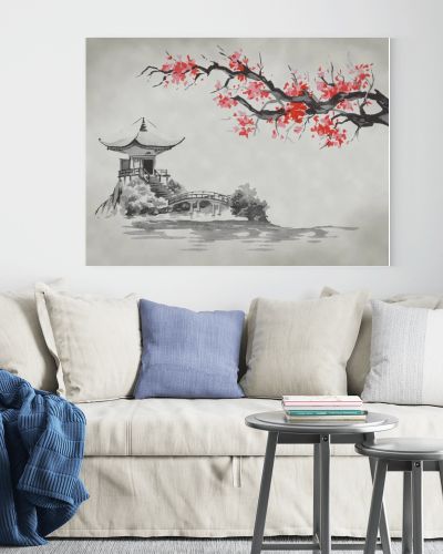 Japan traditional sumi-e painting. Fuji mountain, sakura, sunset. Japan sun. Indian ink illustration. Japanese picture.