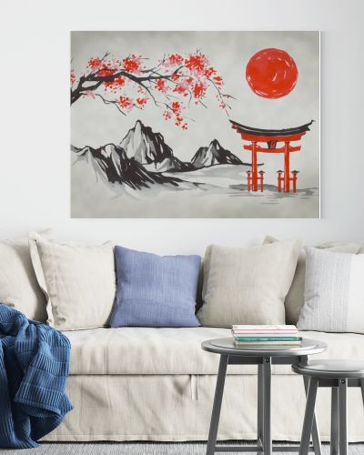 Japan traditional sumi-e painting. Fuji mountain, sakura, sunset. Japan sun. Indian ink illustration. Japanese picture.