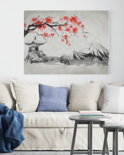 Japan traditional sumi-e painting. Fuji mountain, sakura, sunset. Japan sun. Indian ink illustration. Japanese picture.