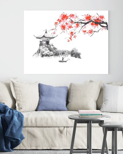 Japan traditional sumi-e painting. Fuji mountain, sakura, sunset. Japan sun. Indian ink illustration. Japanese picture.