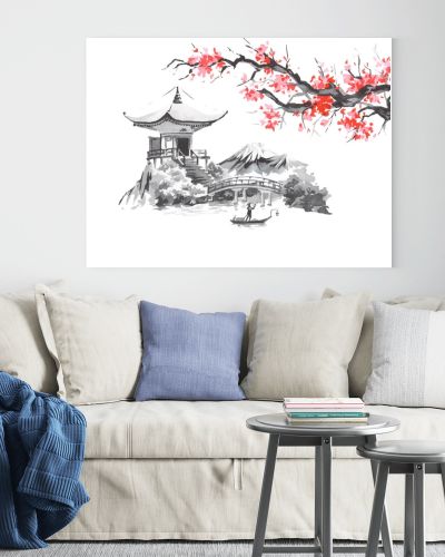 Japan traditional sumi-e painting. Fuji mountain, sakura, sunset. Japan sun. Indian ink illustration. Japanese picture.