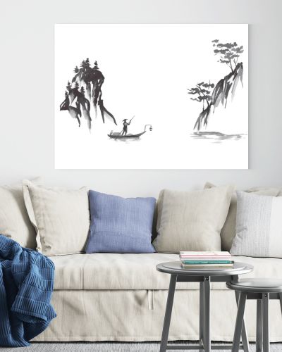 Japan traditional sumi-e painting. Fuji mountain, sakura, sunset. Japan sun. Indian ink illustration. Japanese picture.