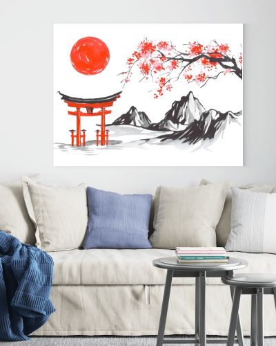 Japan traditional sumi-e painting. Fuji mountain, sakura, sunset. Japan sun. Indian ink illustration. Japanese picture.