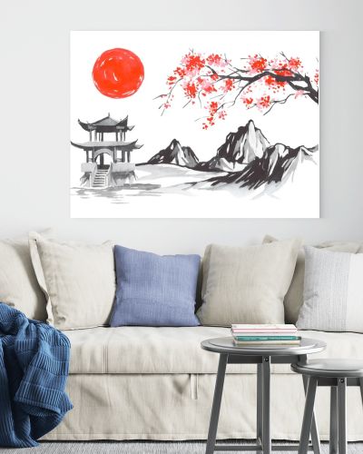 Japan traditional sumi-e painting. Fuji mountain, sakura, sunset. Japan sun. Indian ink illustration. Japanese picture.