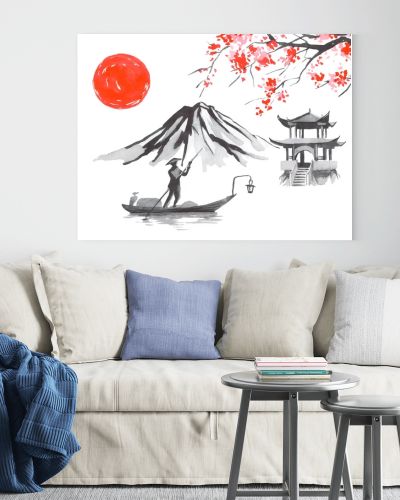 Japan traditional sumi-e painting. Fuji mountain, sakura, sunset. Japan sun. Indian ink illustration. Japanese picture.