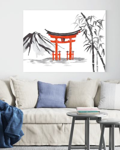 Japan traditional sumi-e painting. Fuji mountain, sakura, sunset. Japan sun. Indian ink illustration. Japanese picture.