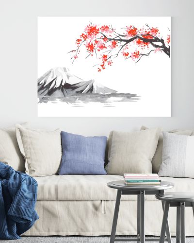 Japan traditional sumi-e painting. Fuji mountain, sakura, sunset. Japan sun. Indian ink illustration. Japanese picture.