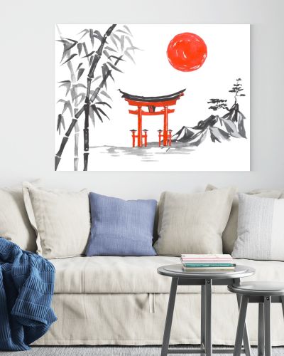 Japan traditional sumi-e painting. Fuji mountain, sakura, sunset. Japan sun. Indian ink illustration. Japanese picture.