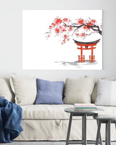 Japan traditional sumi-e painting. Fuji mountain, sakura, sunset. Japan sun. Indian ink illustration. Japanese picture.
