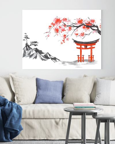 Japan traditional sumi-e painting. Fuji mountain, sakura, sunset. Japan sun. Indian ink illustration. Japanese picture.