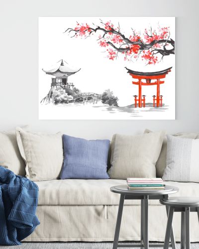 Japan traditional sumi-e painting. Fuji mountain, sakura, sunset. Japan sun. Indian ink illustration. Japanese picture.