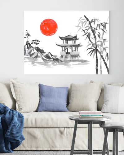 Japan traditional sumi-e painting. Fuji mountain, sakura, sunset. Japan sun. Indian ink illustration. Japanese picture.