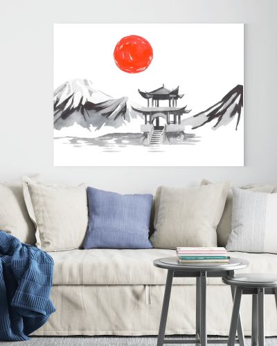 Japan traditional sumi-e painting. Fuji mountain, sakura, sunset. Japan sun. Indian ink illustration. Japanese picture.