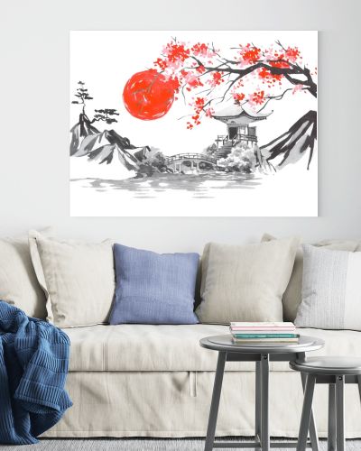 Japan traditional sumi-e painting. Fuji mountain, sakura, sunset. Japan sun. Indian ink illustration. Japanese picture.