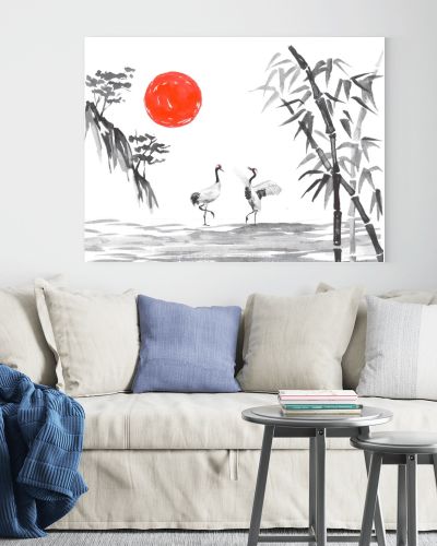 Japan traditional sumi-e painting. Fuji mountain, sakura, sunset. Japan sun. Indian ink illustration. Japanese picture.
