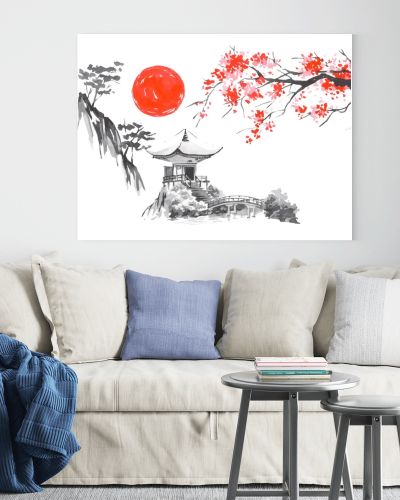 Japan traditional sumi-e painting. Fuji mountain, sakura, sunset. Japan sun. Indian ink illustration. Japanese picture.