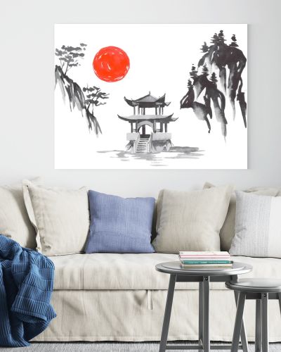 Japan traditional sumi-e painting. Fuji mountain, sakura, sunset. Japan sun. Indian ink illustration. Japanese picture.