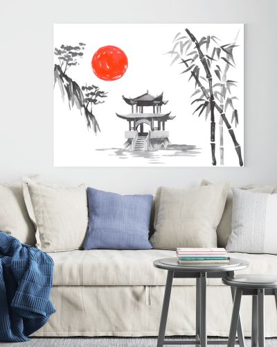 Japan traditional sumi-e painting. Fuji mountain, sakura, sunset. Japan sun. Indian ink illustration. Japanese picture.