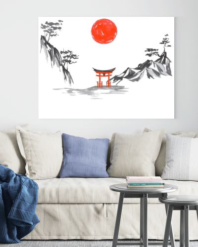 Japan traditional sumi-e painting. Fuji mountain, sakura, sunset. Japan sun. Indian ink illustration. Japanese picture.