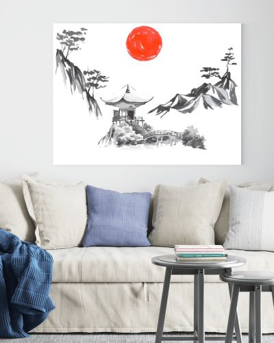 Japan traditional sumi-e painting. Fuji mountain, sakura, sunset. Japan sun. Indian ink illustration. Japanese picture.