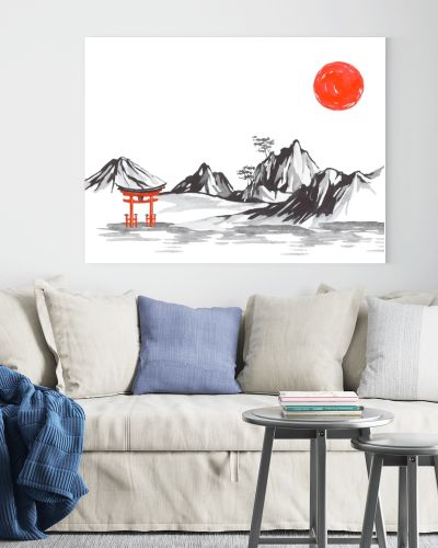 Japan traditional sumi-e painting. Fuji mountain, sakura, sunset. Japan sun. Indian ink illustration. Japanese picture.