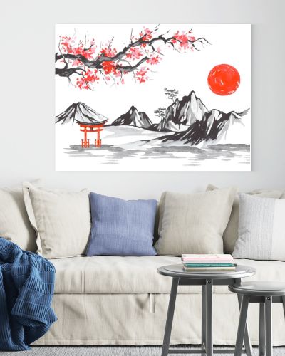 Japan traditional sumi-e painting. Fuji mountain, sakura, sunset. Japan sun. Indian ink illustration. Japanese picture.