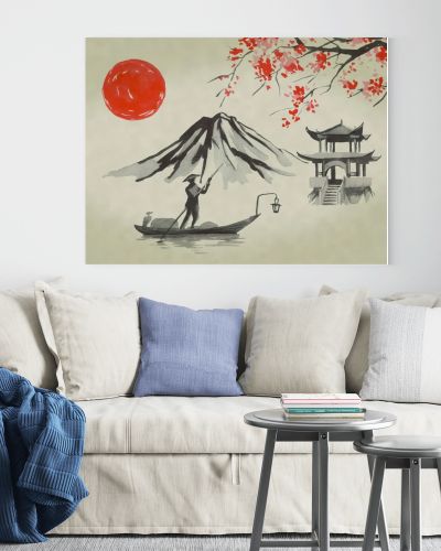 Japan traditional sumi-e painting. Watercolor and ink illustration in style sumi-e, u-sin. Fuji mountain, sakura, sunset. Japan sun. Indian ink illustration. Japanese picture.