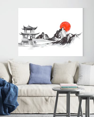 Japan traditional sumi-e painting. Fuji mountain, sakura, sunset. Japan sun. Indian ink illustration. Japanese picture.