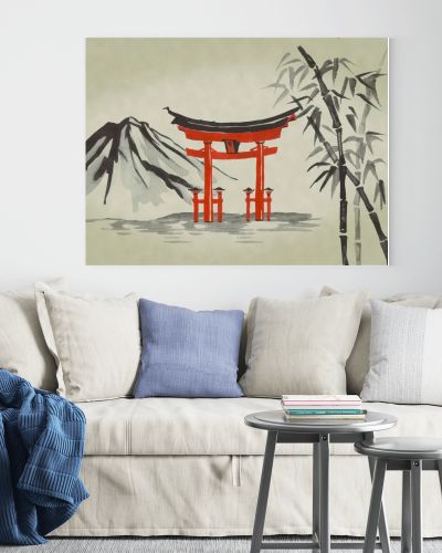 Japan traditional sumi-e painting. Watercolor and ink illustration in style sumi-e, u-sin. Fuji mountain, sakura, sunset. Japan sun. Indian ink illustration. Japanese picture.