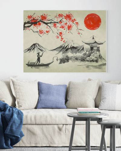 Japan traditional sumi-e painting. Watercolor and ink illustration in style sumi-e, u-sin. Fuji mountain, sakura, sunset. Japan sun. Indian ink illustration. Japanese picture.