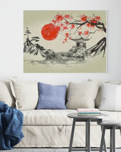 Japan traditional sumi-e painting. Watercolor and ink illustration in style sumi-e, u-sin. Fuji mountain, sakura, sunset. Japan sun. Indian ink illustration. Japanese picture.