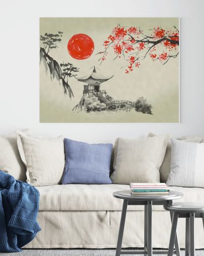 Japan traditional sumi-e painting. Watercolor and ink illustration in style sumi-e, u-sin. Fuji mountain, sakura, sunset. Japan sun. Indian ink illustration. Japanese picture.