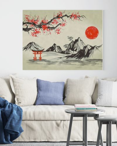 Japan traditional sumi-e painting. Watercolor and ink illustration in style sumi-e, u-sin. Fuji mountain, sakura, sunset. Japan sun. Indian ink illustration. Japanese picture.