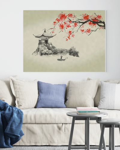 Japan traditional sumi-e painting. Watercolor and ink illustration in style sumi-e, u-sin. Fuji mountain, sakura, sunset. Japan sun. Indian ink illustration. Japanese picture.