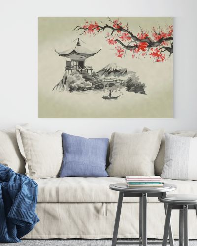 Japan traditional sumi-e painting. Watercolor and ink illustration in style sumi-e, u-sin. Fuji mountain, sakura, sunset. Japan sun. Indian ink illustration. Japanese picture.