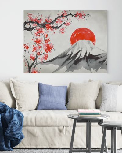 Japan traditional sumi-e painting. Watercolor and ink illustration in style sumi-e, u-sin. Fuji mountain, sakura, sunset. Japan sun. Indian ink illustration. Japanese picture